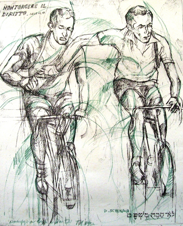 “Omaggio a Bartali e Coppi”– Tecnica Mista a Colori cm. 36,5 x 29,5 di Daniel Schinasi 1998